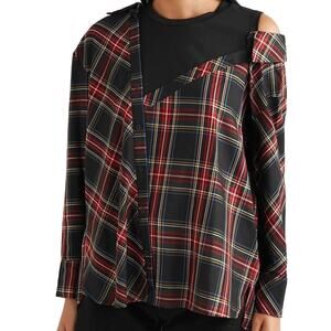 Maje Layered Plaid Twill And Stretch-cotton Jersey Top In Checked Red Black 1 S